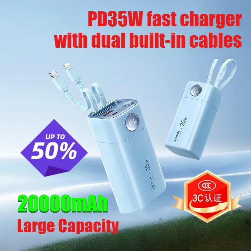 Power Bank Mini PD35W 20000mAh con Cavi Integrati, Certificato 3C, Ricarica Rapida Bidirezionale e Display Digitale, Caricabatterie Portatile