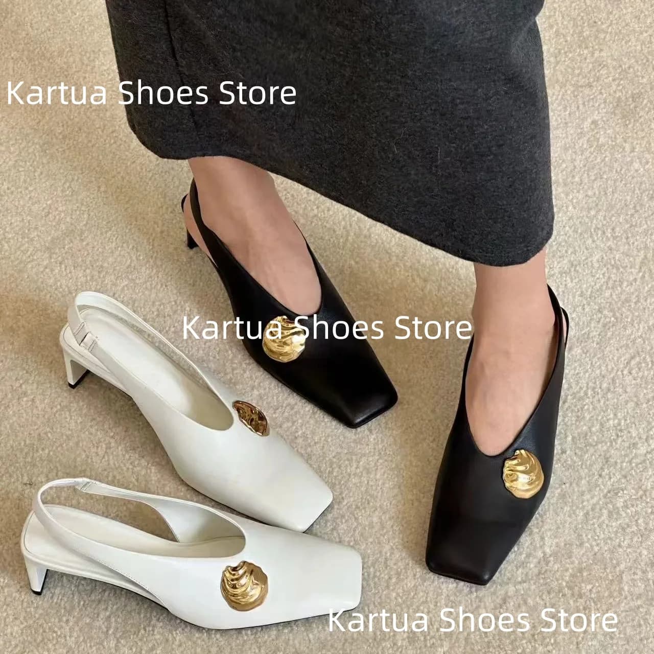Women's Black Leather Gold Shell Embellished Slingback Pointed Toe Mid Heel Pumps Edgy Modern Elegant Ladies Classic Office Shoe