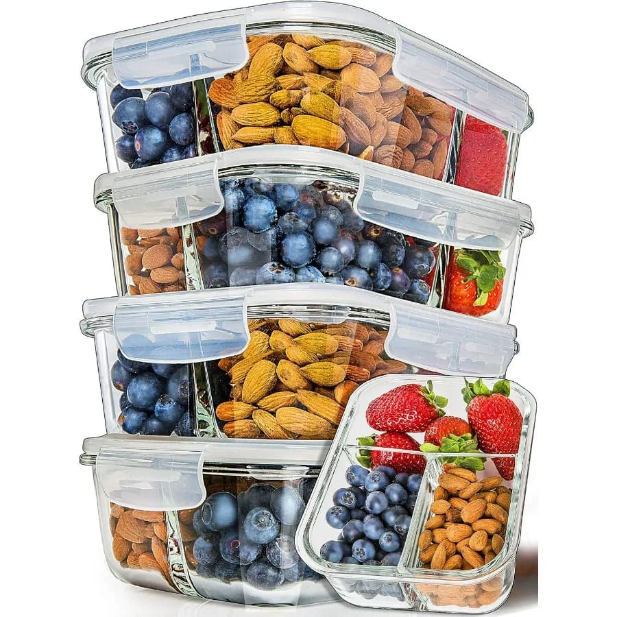 PrepNaturals Confezione da 5 contenitori per la preparazione dei pasti in vetro da 34 Oz - Lavastoviglie, microonde, congelatore, forno, contenitori in vetro con Li