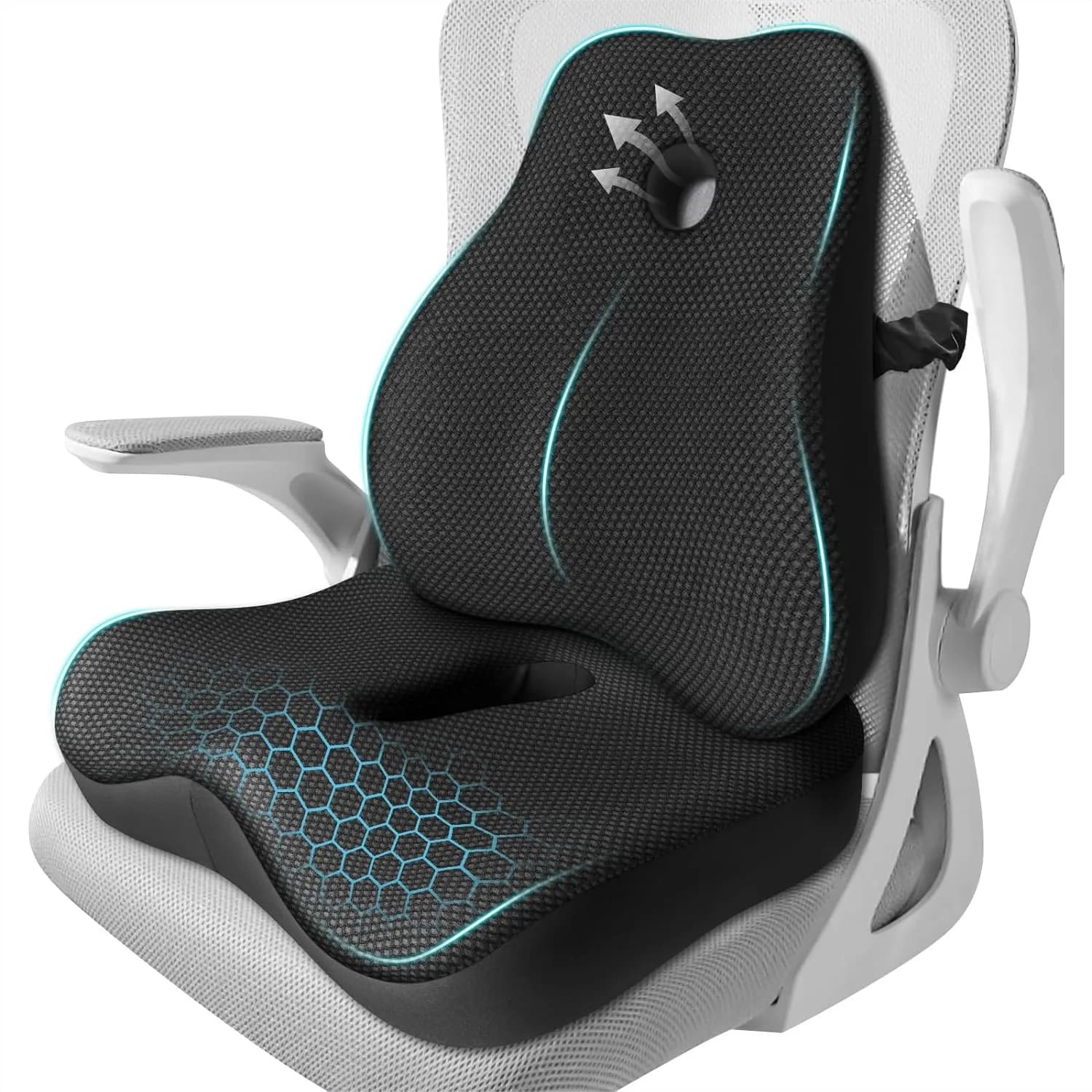 Set Cuscino in Memory Foam e Supporto Lombare per Sedia da Ufficio con Rivestimento in Rete 3D, Cinghie Regolabili, Base Antiscivolo