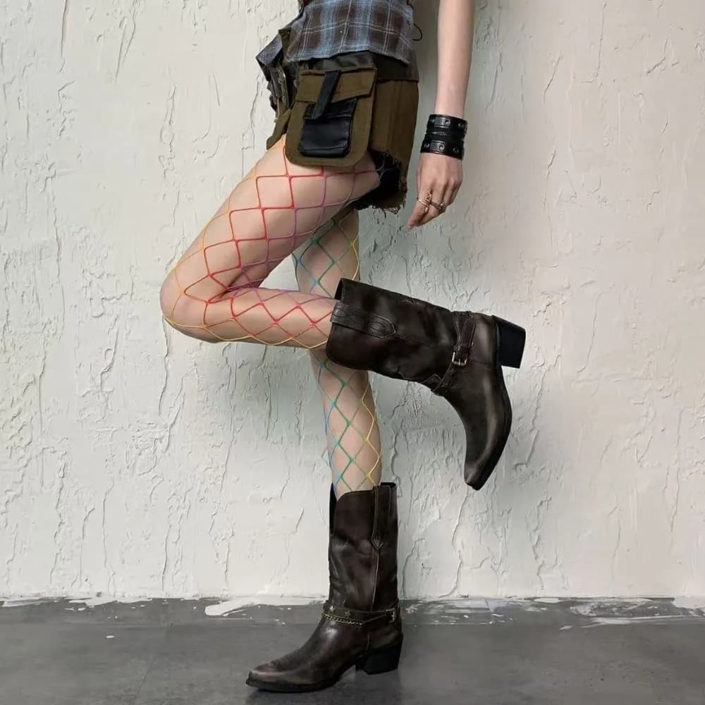 Calze a rete arcobaleno dolce e fresco con dopamina Y2K Collant sexy sfumato a vita alta Calzini a rete Ragazze piccanti