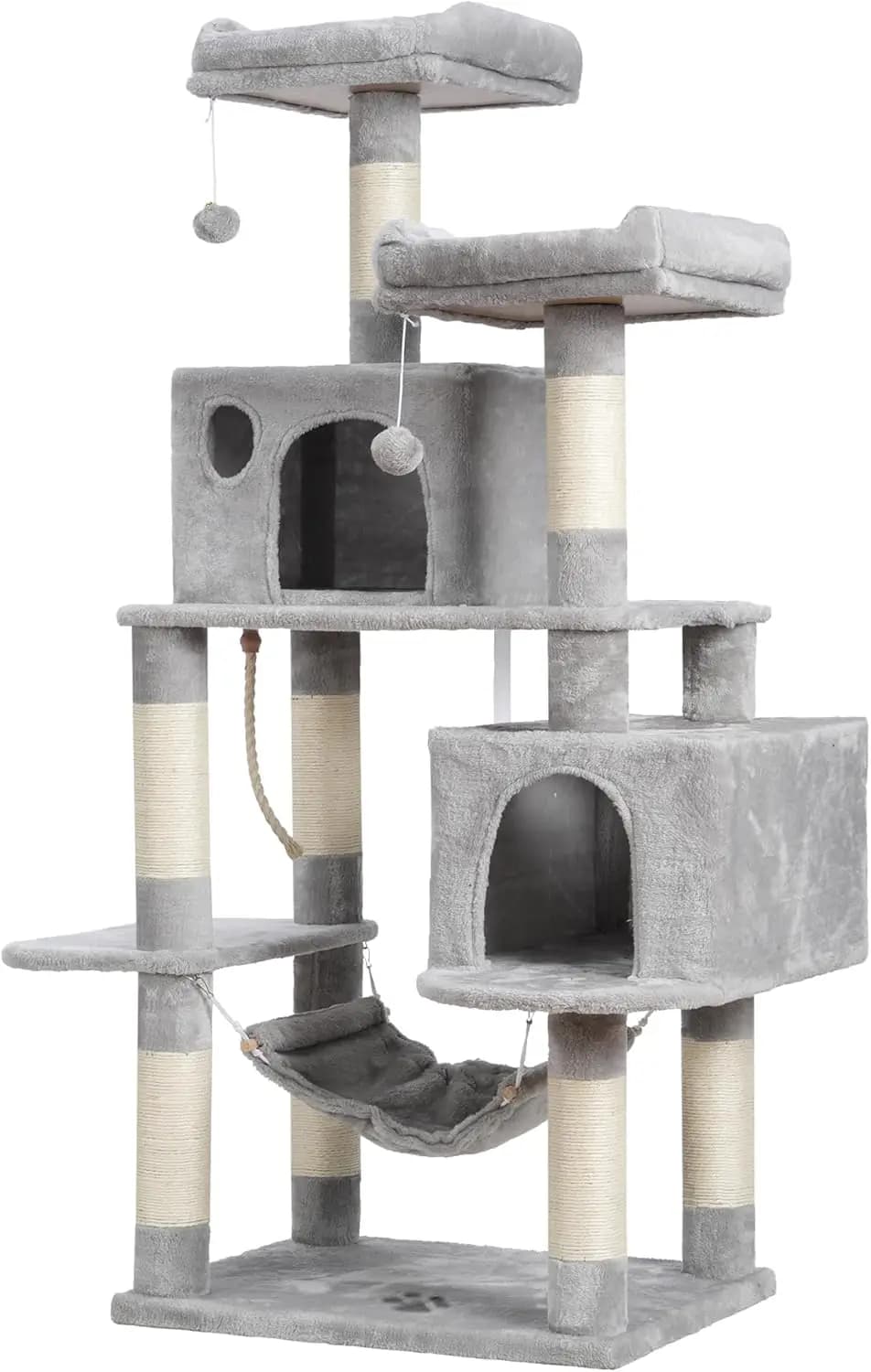 Grande albero per gatti multilivello con tiragraffi in sisal, condomini in peluche e amaca per gatti - Grigio chiaro