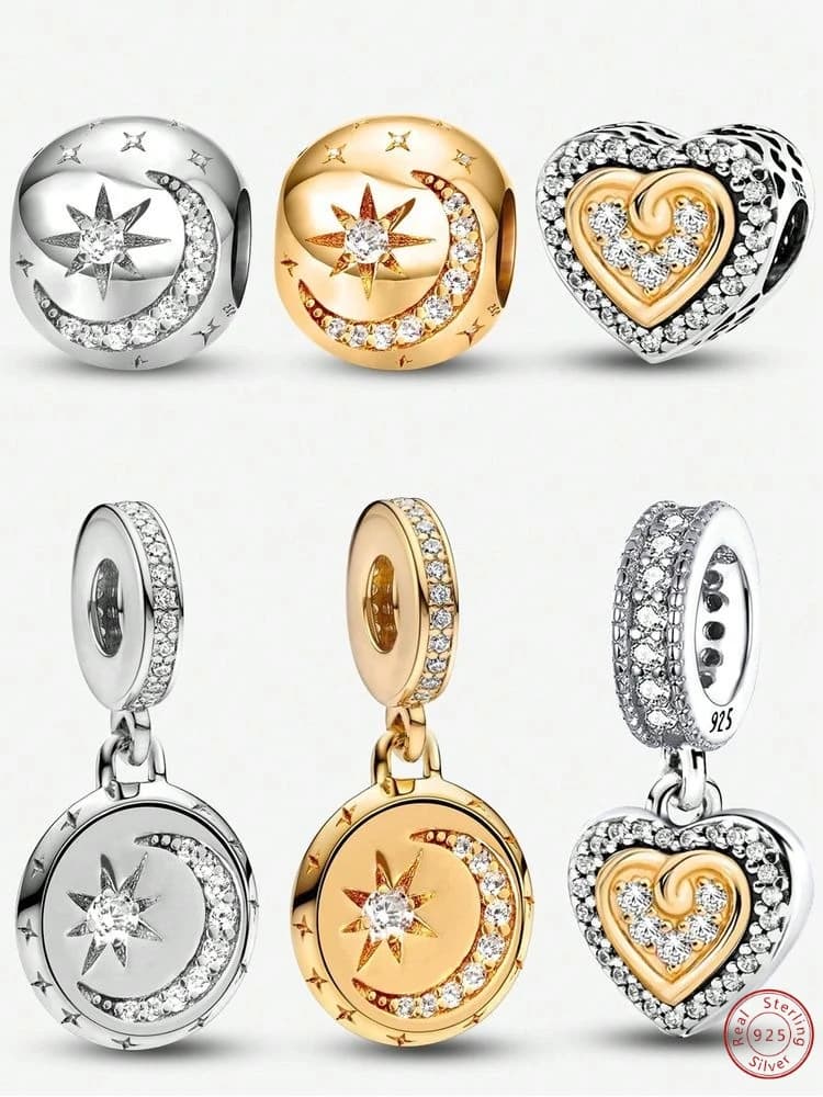 Charm in Argento Sterling 925 con Luna, Stella e Cuore, Serie Dorata, per Creazione di Bracciali e Bangles Fai-da-Te, Regalo di Alta Qualità, Gioielleria Fine