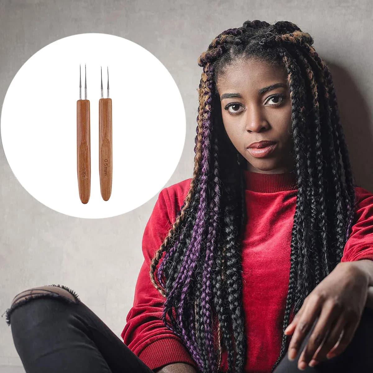 2Pcs Bamboo Crochet Hooks Carbonized Knitting Needles Lightweight Smooth Finish Hair Dreadlocks Braiding Tools Creative Crochet