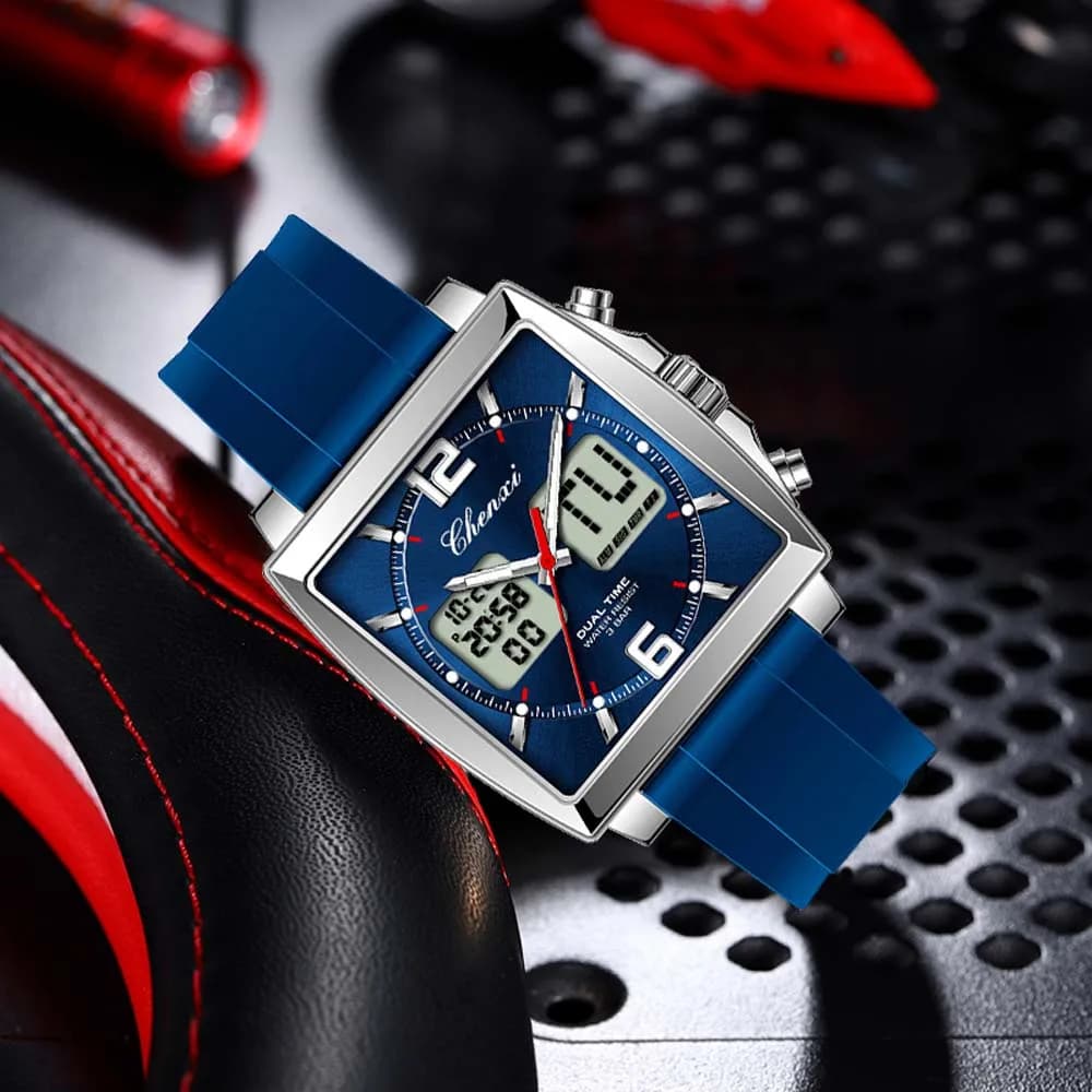 CHENXI Orologio da Polso Multifunzione da Uomo al Quarzo con Display Data Impermeabile Cinturino in Silicone Display Digitale Doppio