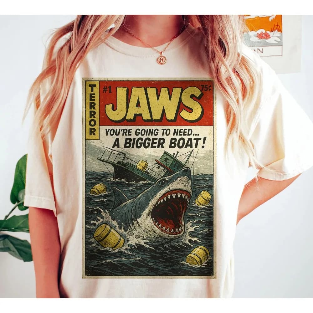 Jaws Themed T-shirt, Movie Merchandise T-shirt, Summer New Retro Unisex Cotton Casual Fashion T-shirt