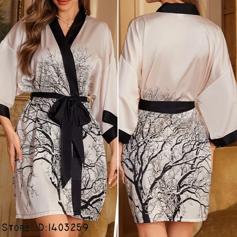 Plus Size Donne Sexy Veste Degli Indumenti Da Notte Raso di Seta Kimono Accappatoio Abito Yukata Stile Cinese Stampa Ramo Camicia Da Notte Casual Homewear