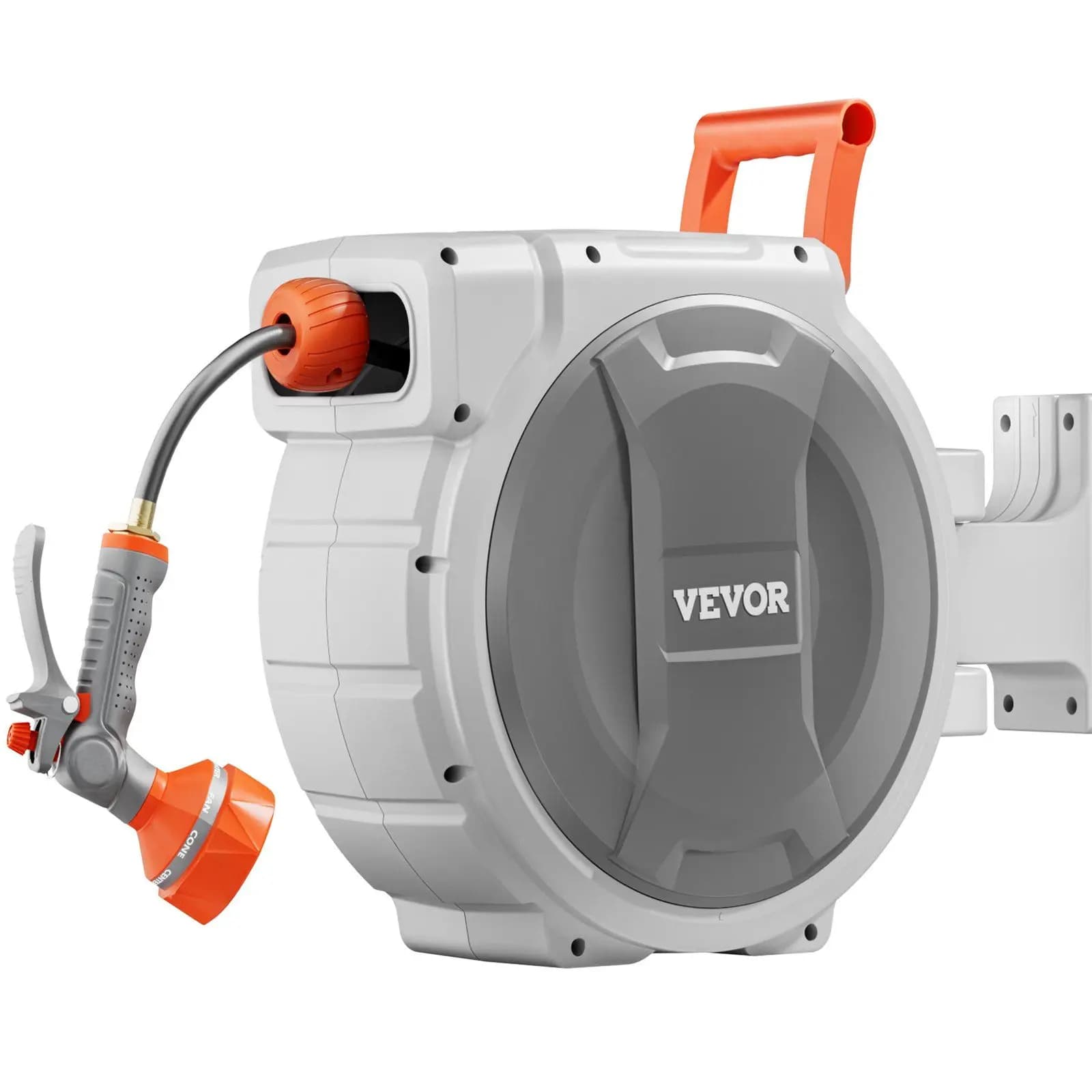 Avvolgitubo da Giardino Retrattile 1/2"x84ft Montaggio a Parete con Ugello a 9 Getti, Blocco a Qualsiasi Lunghezza, Ritorno Lento 180° ° Supporto Girevole