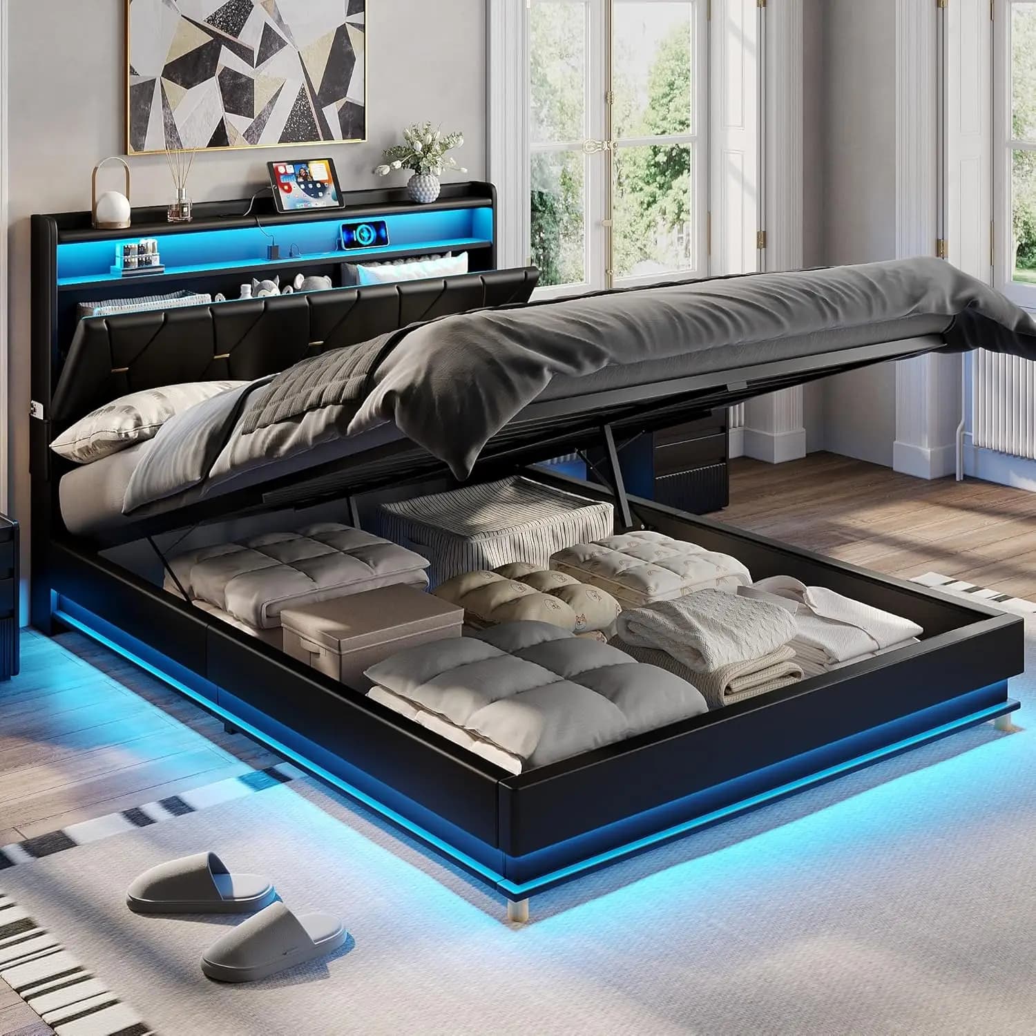 Twin Upholstered Storage Platform Bed with Charging Station LED Lights Lift Up Headboard No Box Spring, Customized