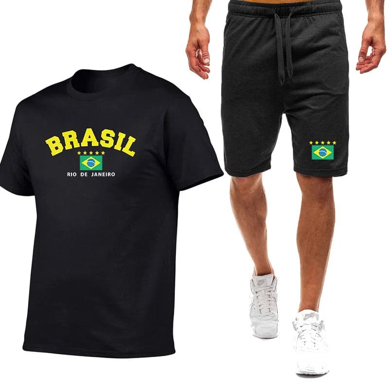 Completo sportivo estivo da uomo con logo a stella della bandiera brasiliana, set di t-shirt e pantaloncini casual.