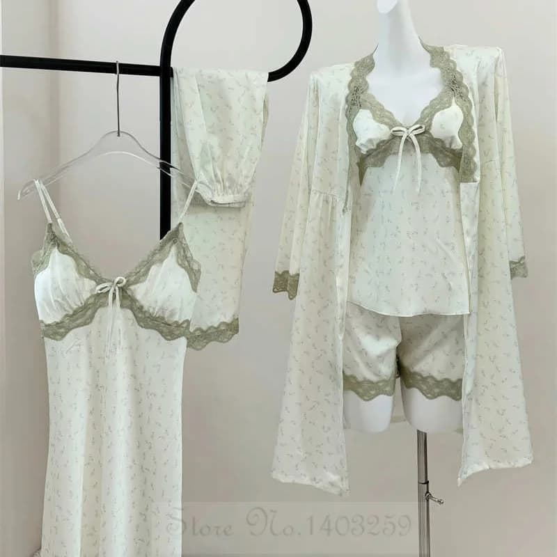 Indumenti da notte femminili 5 pezzi pigiama set sexy stampa fiore pizzo accappatoio camicia da notte pantaloni abiti larghi in raso vestiti per la casa pigiama