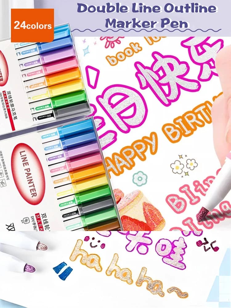 Watercolor Double Line Outline Art Pen DIY Graffiti Pen for Calligraphy Painting 8/12/24 Colors Set Art Supplies