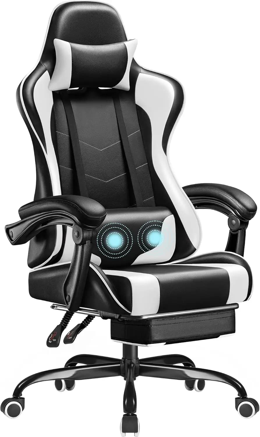 Sedia da gaming con poggiapiedi, supporto lombare per massaggi, altezza regolabile e poggiatesta (bianco)