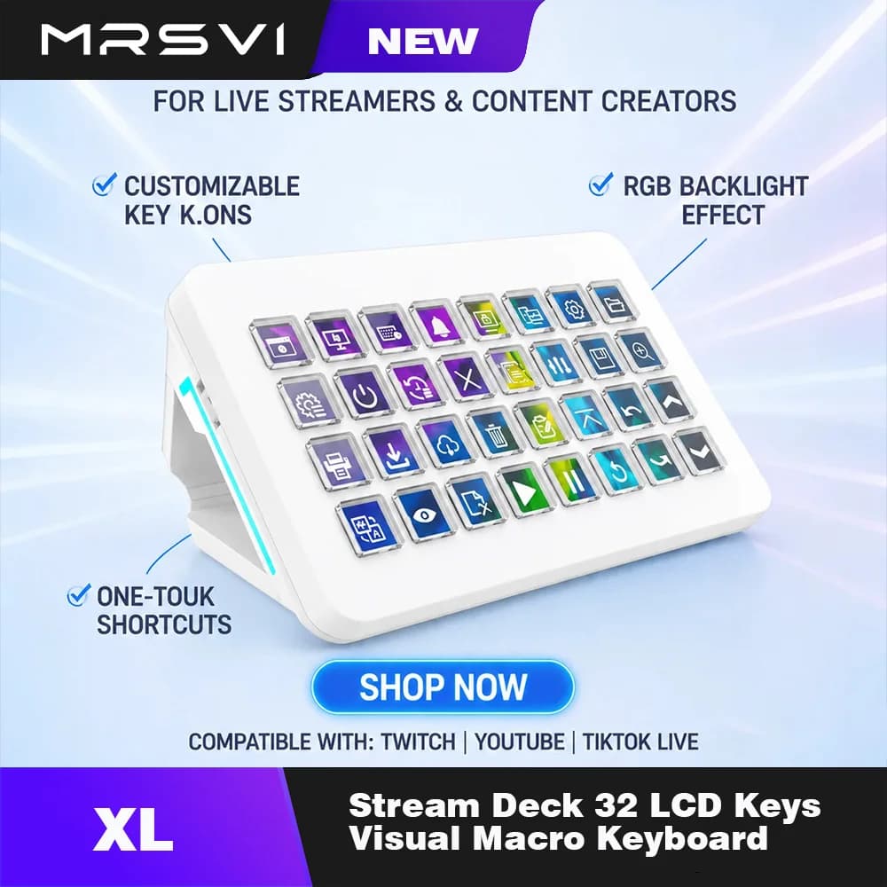 MRSVI XL Stream Deck 32 LCD Keys Programmable Macro Keyboard – Customizable Hotkeys for OBS, Gaming & Streaming
