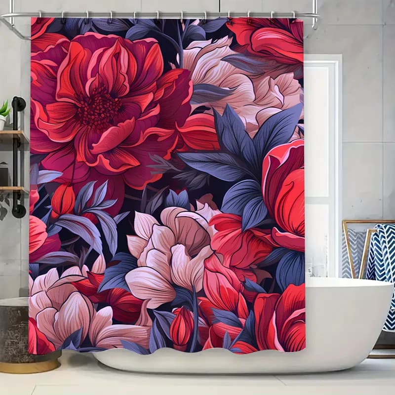 Tenda da doccia floreale rossa vibrante con accenti viola scuro per l'arredamento del bagno Set di tappetini da bagno moderni in bianco