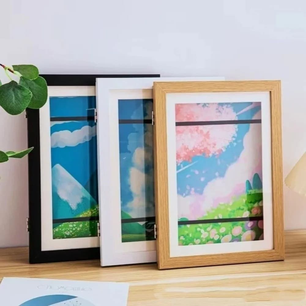 Multi-functional Wooden Picture Frame Magnetic Closure Rectangle Flip Photo Frame Changeable Wall Mount Display Frame