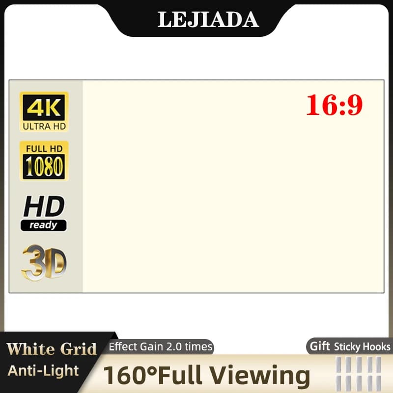 LEJIADA Projector Screen 60-130 inch White Grid Anti-Light 160 ° Viewing Angle Reflective Projection Screen Indoor Outdoor Movie