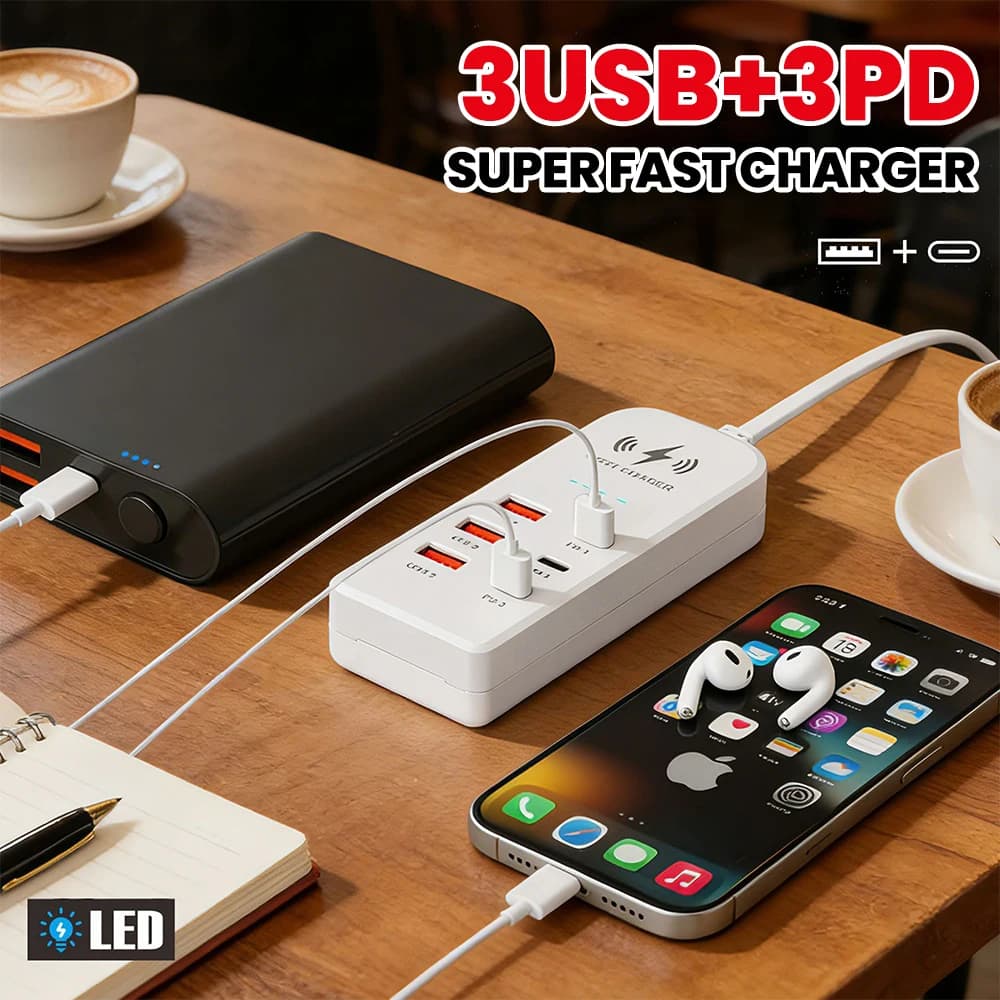 Caricatore USB C 6 in 1 con 3PD 3USB, Multipresa da Scrivania con Cavo di Ricarica Rapida, Adattatore USB Veloce per Telefono, Presa EU/US