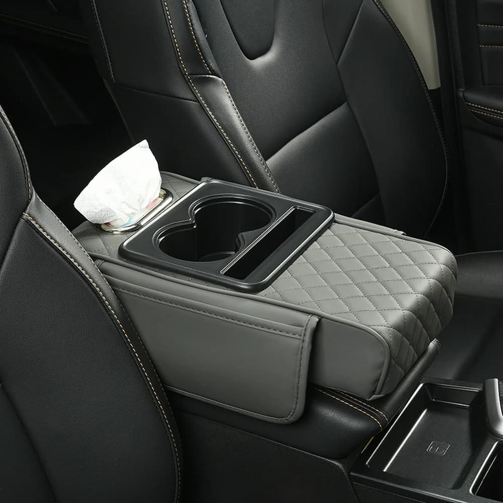 Cuscino ergonomico per bracciolo per auto con portabicchieri imbottito spesso in pelle PU e scatola per fazzoletti compatibile con la maggior parte delle auto