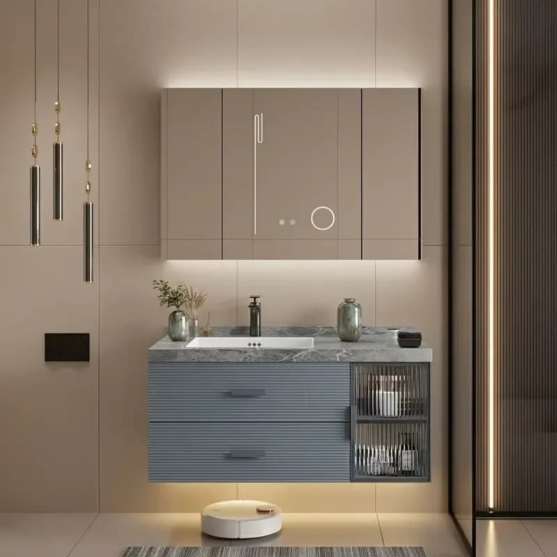 Modern Grey Bathroom Cabinet Smart Mirror Multi-Layer Solid Wood Sintered Stone Reeded Glass Storage Unit for Apartment Villa