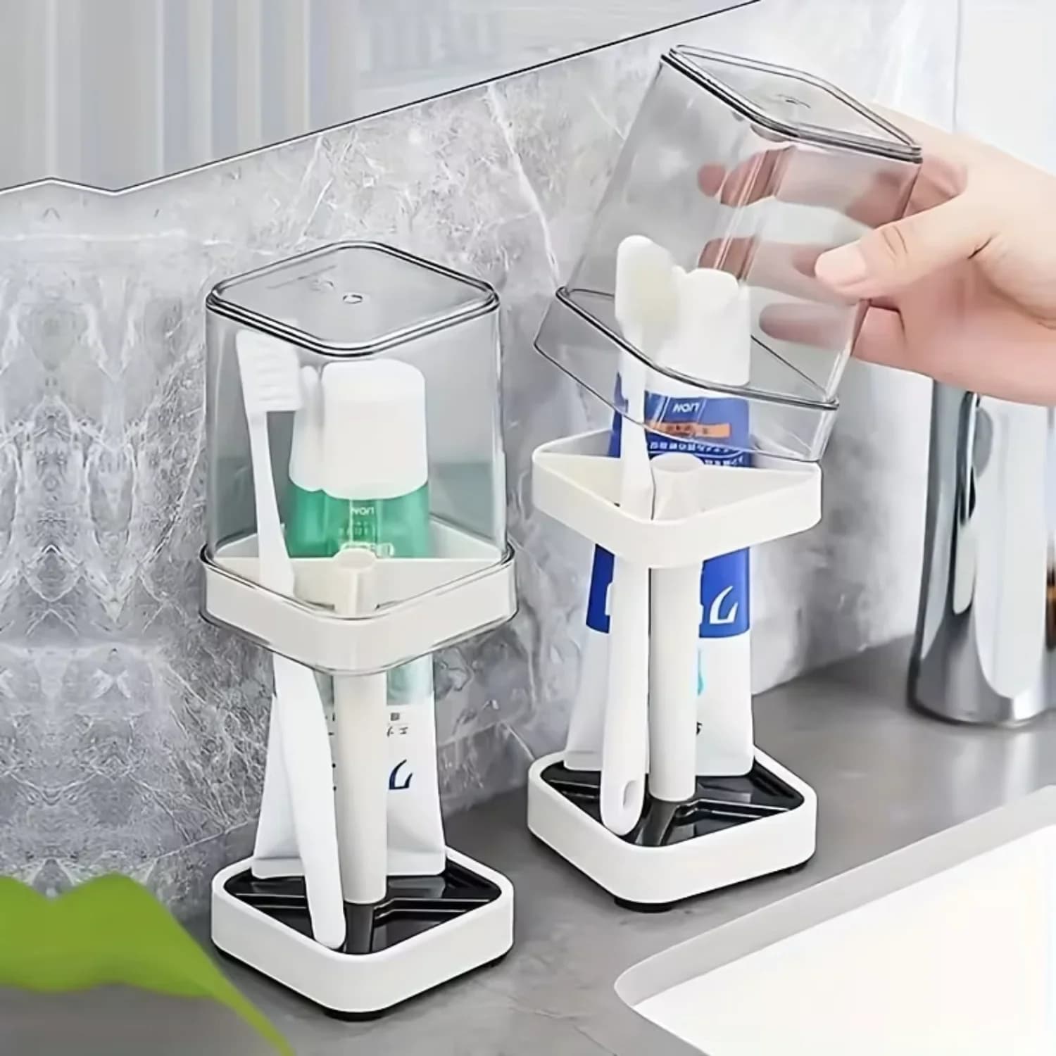 1 portaspazzolino con tazza per risciacquo orale, portaoggetti per coppia di spazzolini da denti, set di tazze da bagno minimalista, drenaggio della polvere