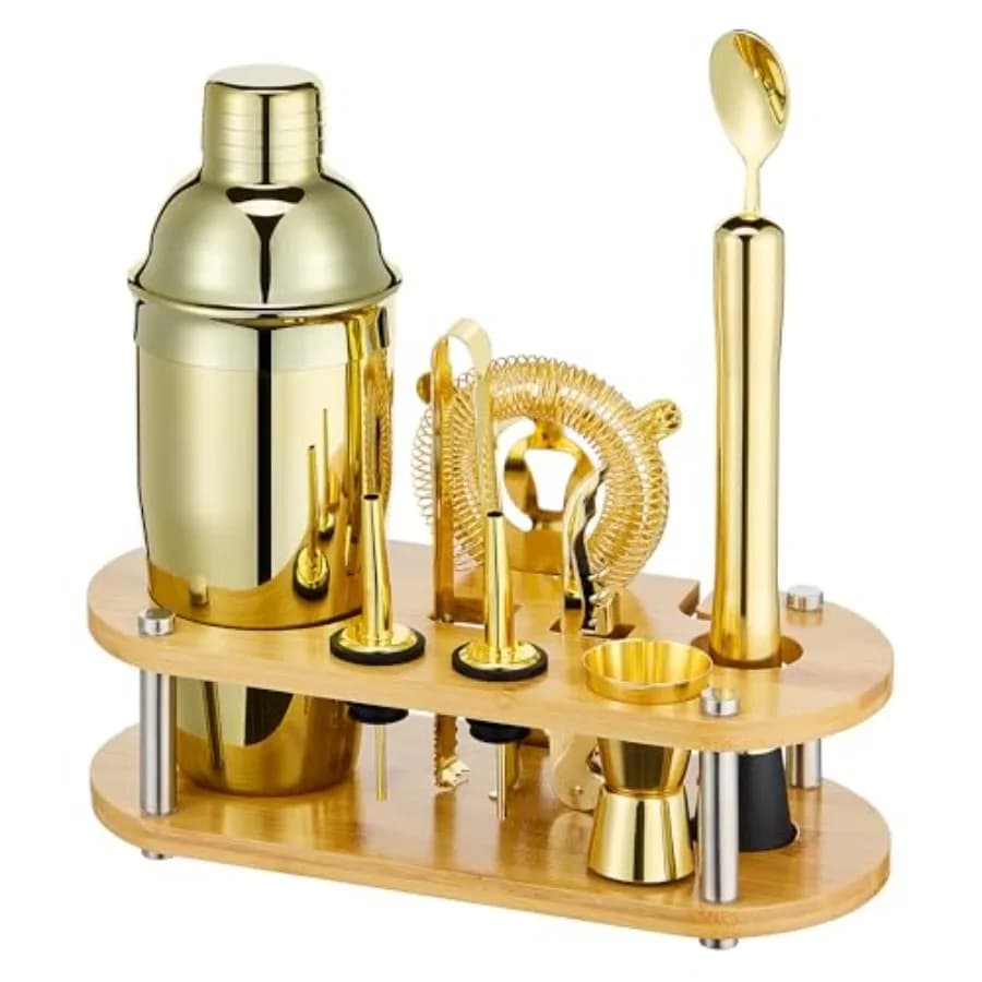 Cocktail Shaker Set Bartender Kit - 11 Pcs Bar Tool Set with Bamboo Stand and All Bar Accessories: Martini Shaker Strainer Jigg