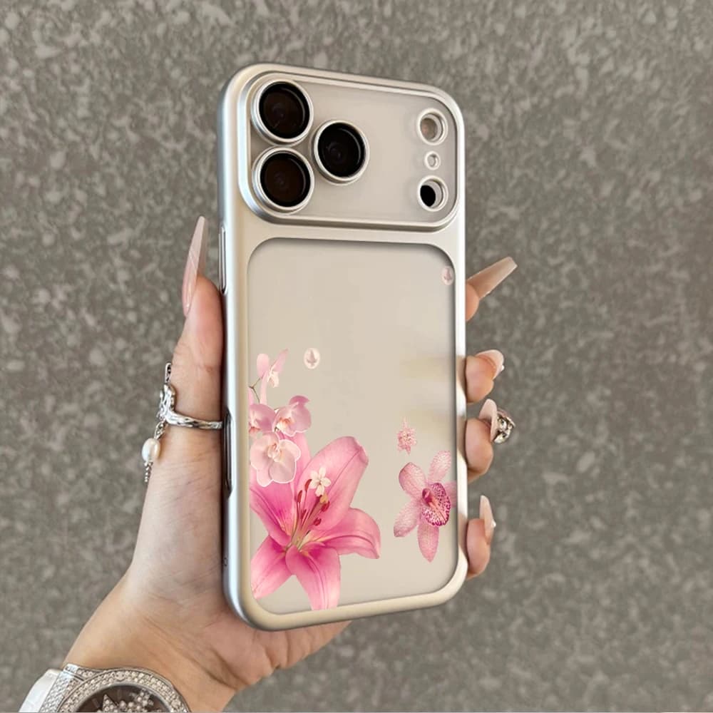 Pink Lily Orchid Shockproof Case For iPhone 14 15 16 17 13 12 ProMax 16 15 14 Plus 15 16 17 Pro Air TPU Plating Frosted Coque