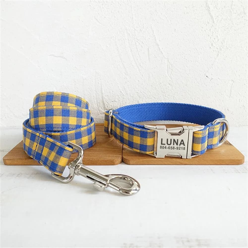 Collare per animali domestici personalizzato targhetta identificativa personalizzata regolabile blu giallo Plai collari per cani e gatti guinzaglio al piombo
