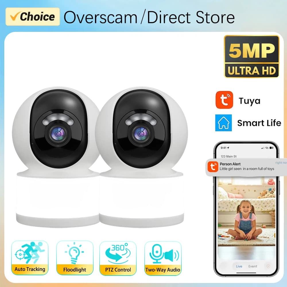 Mini Telecamera Interna 5MP Tuya Smartlife 360° ° Telecamera PTZ con Tracciamento Automatico e Faretto, Monitor Wireless WiFi per Casa e Bambini con Audio Bidirezionale