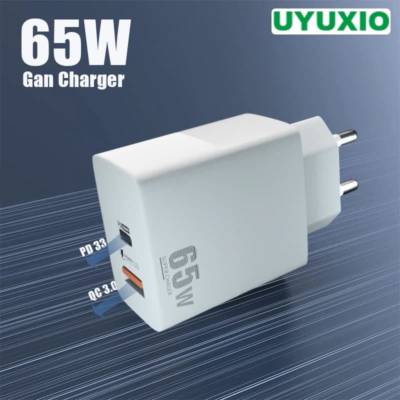 UYUXIO caricabatterie per telefono USB C a 2 porte 65W Gan adattatore da parete a ricarica Super veloce per iPhone 15 Pro Max Plus 14 13 Macbook Samsung iPad
