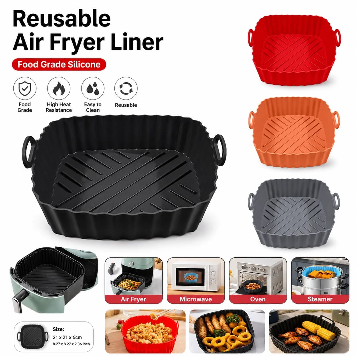 Food Safe Silicone Air Fryer Basket Square Reusable Baking Pan Mold for Oven BBQ Cooking Kitchen Bakeware Pastry Tool