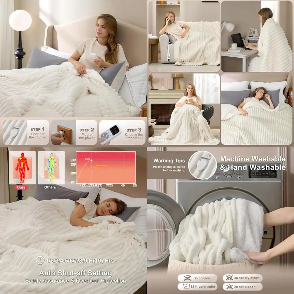 Coperta elettrica Queen Size con doppi controlli, 9 livelli di calore, timer 10 ore, lavabile, 80x90 Beige