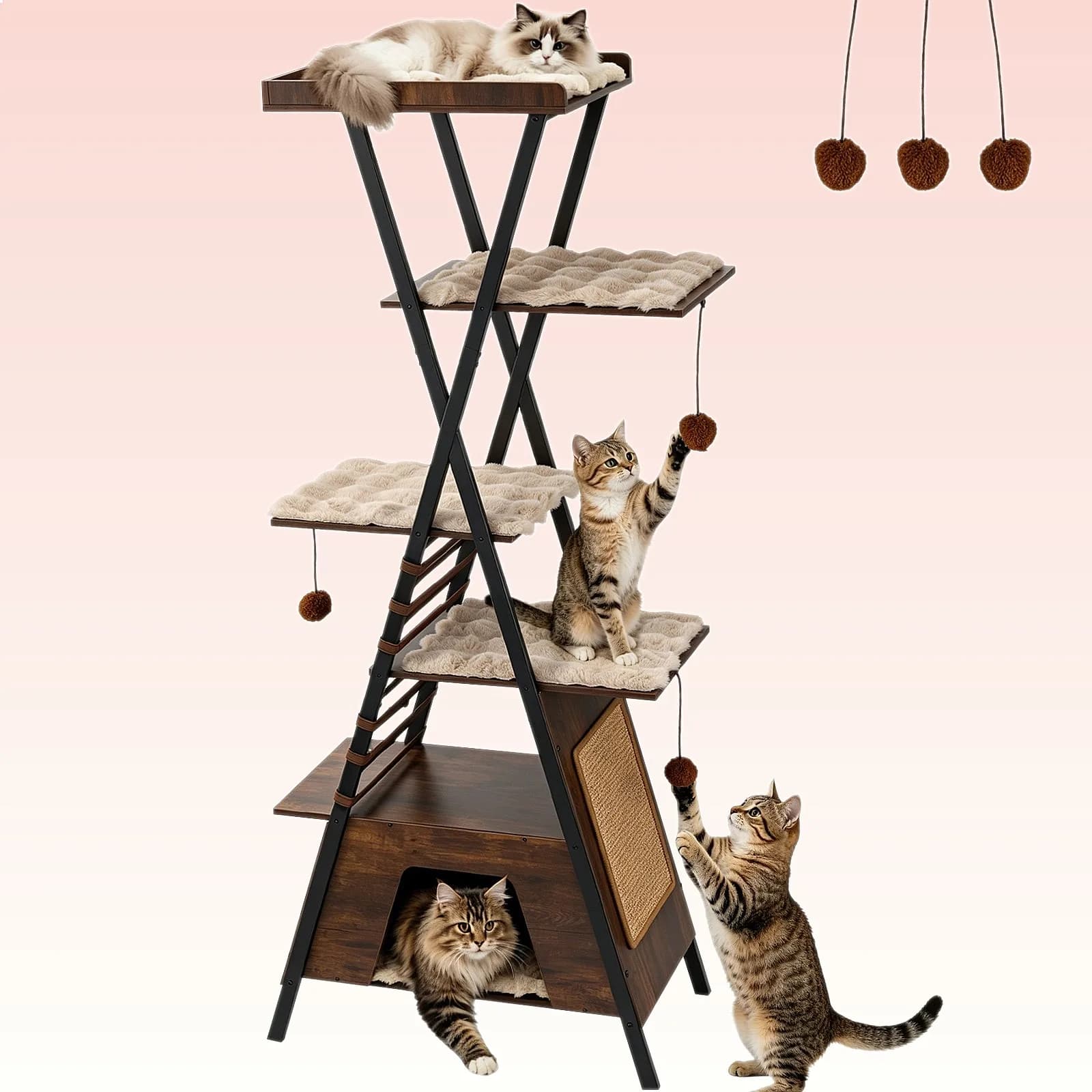 72.5" Large Wooden Cat Tree Tower Indoor Multi-Level Heavy Duty Metal Frame Climbing