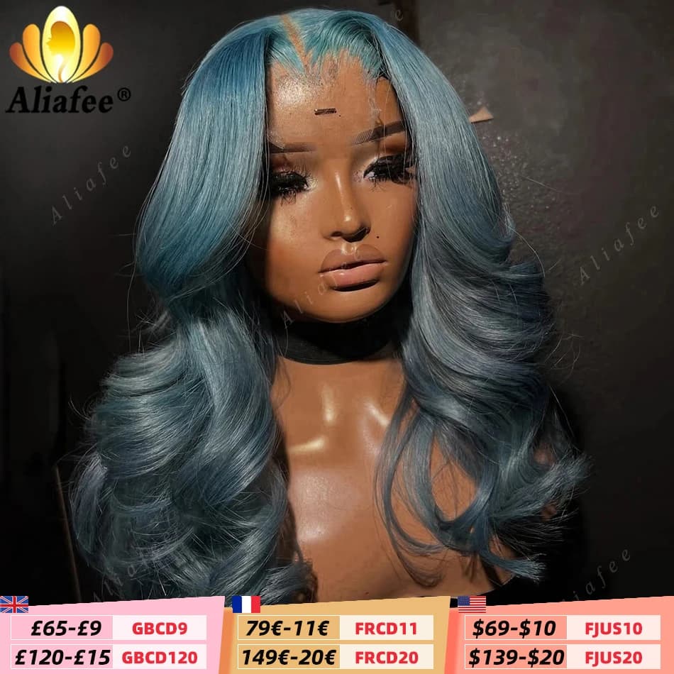 Haze Blue 200% Density Lace Front Wig Human Hair for Women New Color Pre Plucked Blue Body Wave Wigs 13x4 Lace Frontal Wigs