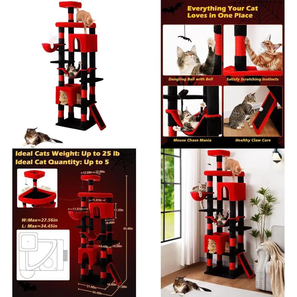 Robusto albero per gatti in stile gotico per gatti di grandi dimensioni: 83 torre multilivello con graffi, amaca e condotti, nero e rosso PT21RD