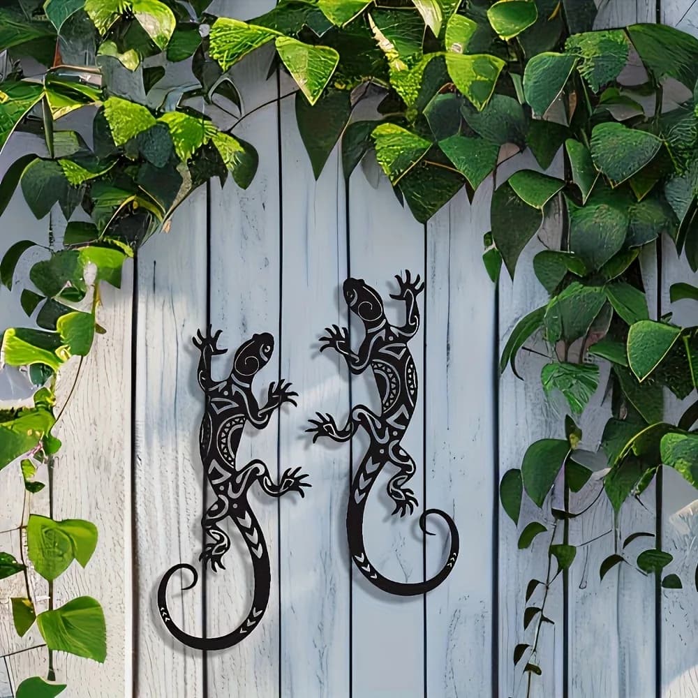 2Pcs Wrought Iron Gecko Wall Art Rustproof Weatherproof Metal Lizard Decor Indoor Outdoor Garden Home Ornament Hook
