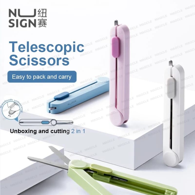 Deli 2 In 1 NS057 Portable Scissors Stainless Steel Retractable Sawtooth Blade Safety Rounded Corner Tip Express Unpacking Knife
