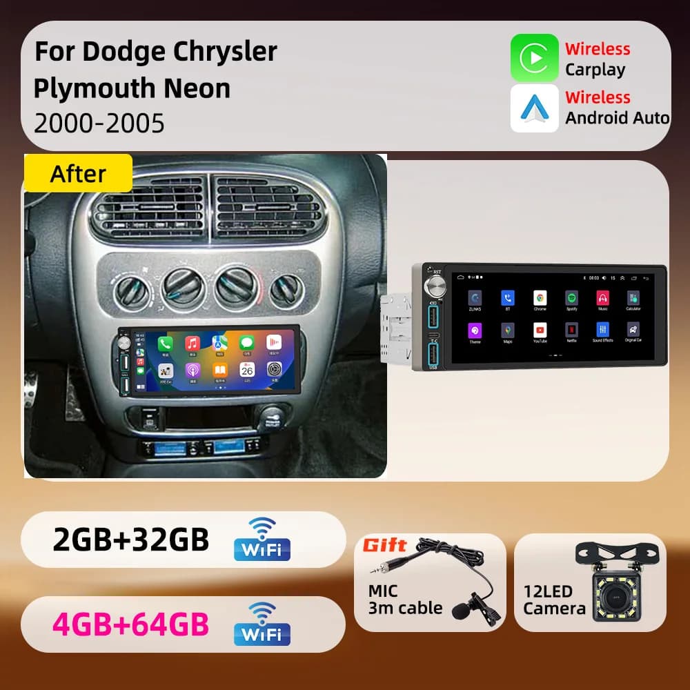 6.86" 1 Din Head Unit Radio Wireless Carplay Android Car Stereo Autoradio for Dodge Chrysler Plymouth Neon 2000-2005 Multimedia