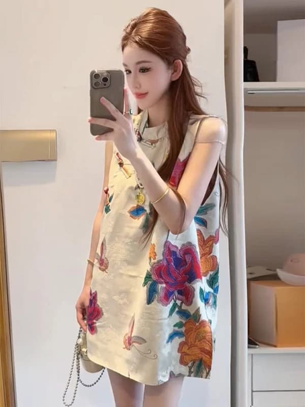 New Chinese Style Casual Loose Midi Dress Women's Summer Fashion Small Size A-Line Skirt Comfortable Breathable Polyester Fiber