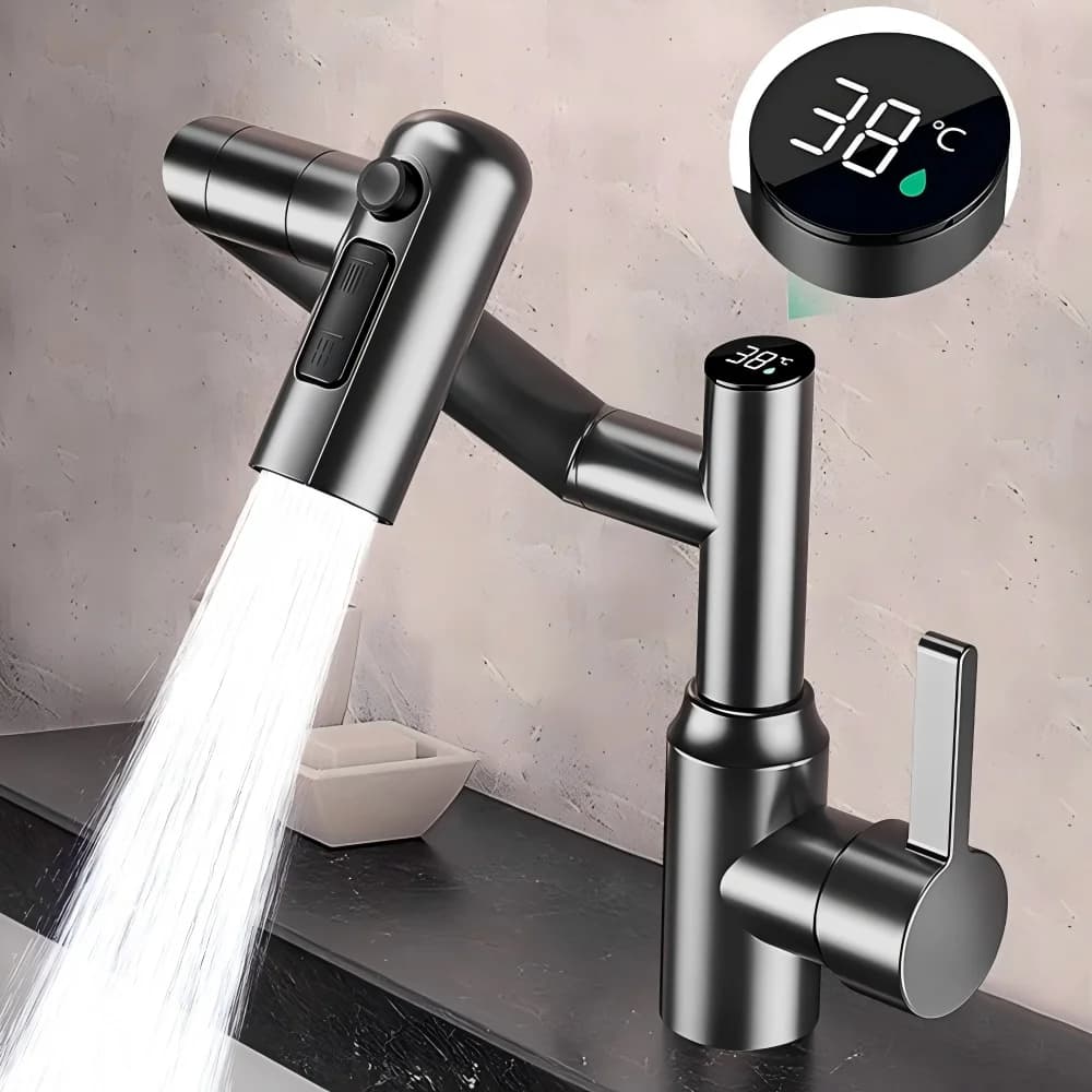 Rubinetto per lavabo a LED con display digitale 360 ° Rubinetto per lavaggio miscelatore lavello acqua calda fredda con spruzzatore a flusso multifunzione a rotazione per bagno