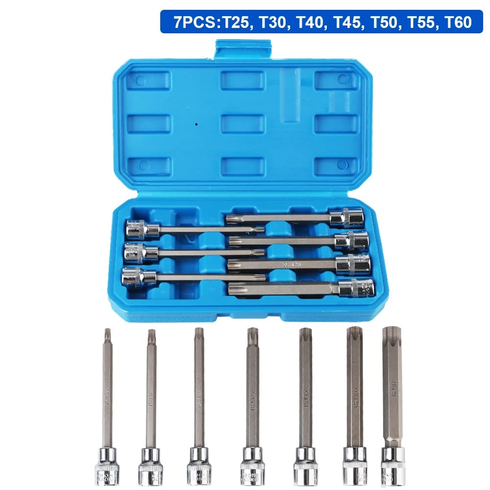 7 pezzi strumenti per la rimozione dell'auto set di chiavi a bussola Torx in acciaio CRV extra lungo T25, T30, T40, T45, T50, T55, T60 adattatore da 3/8 pollici