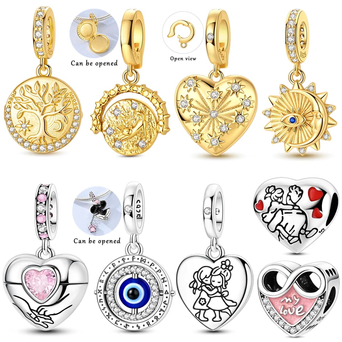 925 Sterling Silver Charms Bead CZ Zircon Golden Moon Sun Love Heart Pendants Fit Original Bracelet DIY Jewelry Gift