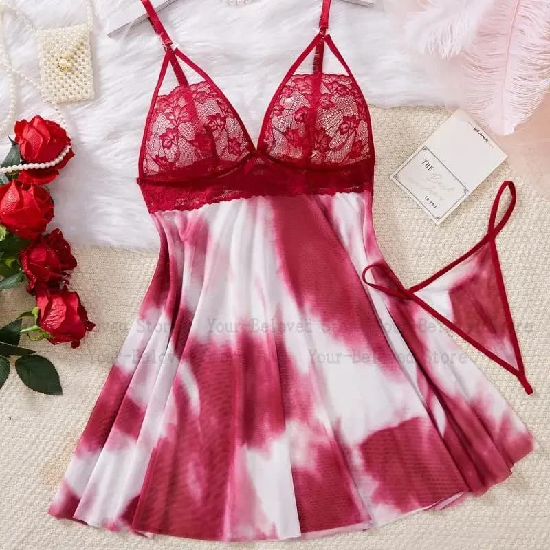 Set di lingerie con finiture in pizzo a contrasto Mini camicia da notte da donna con stampa floreale Biancheria intima erotica Abito da notte sexy senza schienale