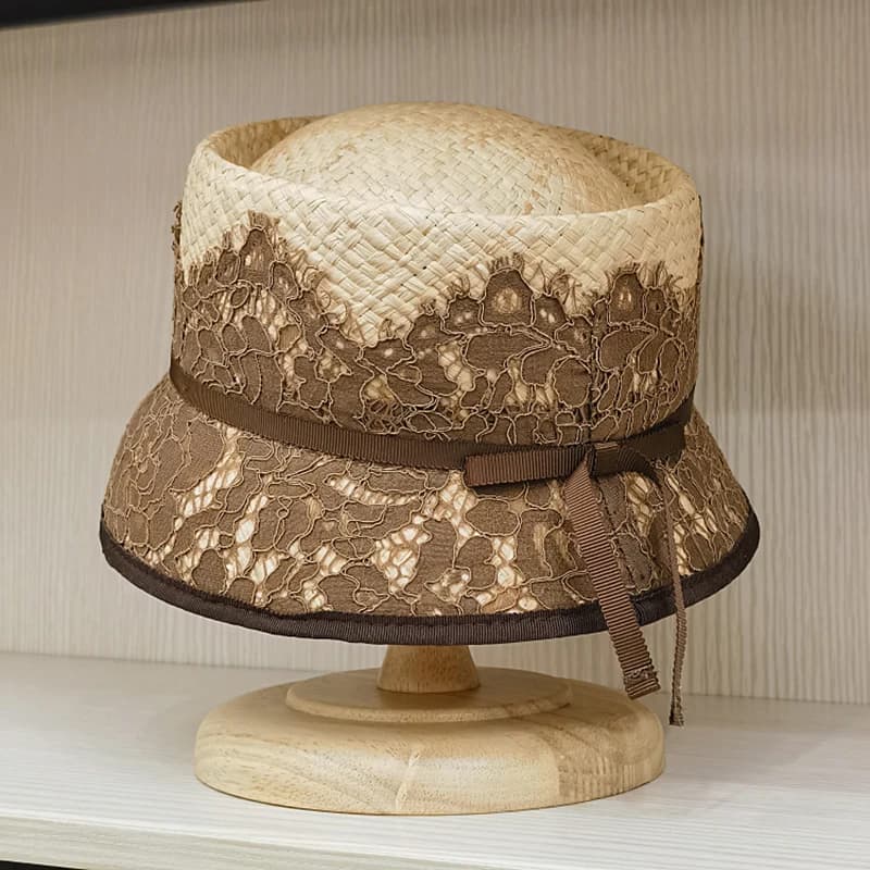New Japanese Fashion Fisherman's Hat with Lace Decorations, Elegant Sun Hat in Rafia with Bow for Women, Visiera Larga for Beach