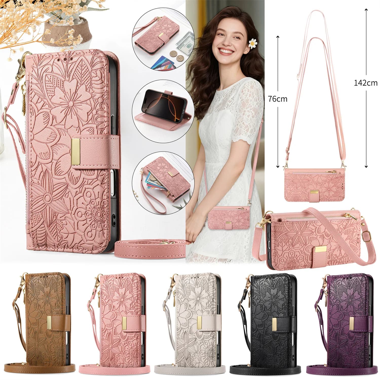Suitable for Samsung A26 wallet flip phone with artificial leather cover embossed A07 card slot hanging strap phone case A56
