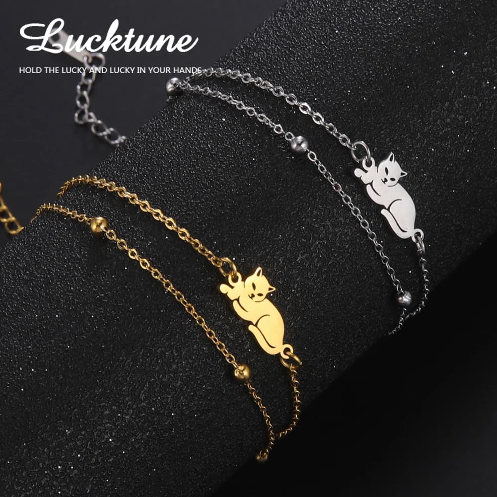 Lucktune Cute Cat bracciale in acciaio inossidabile con ciondolo animale bracciale a catena con perline per donna uomo 2024 Trendy Kpop Jewelry coppia regalo