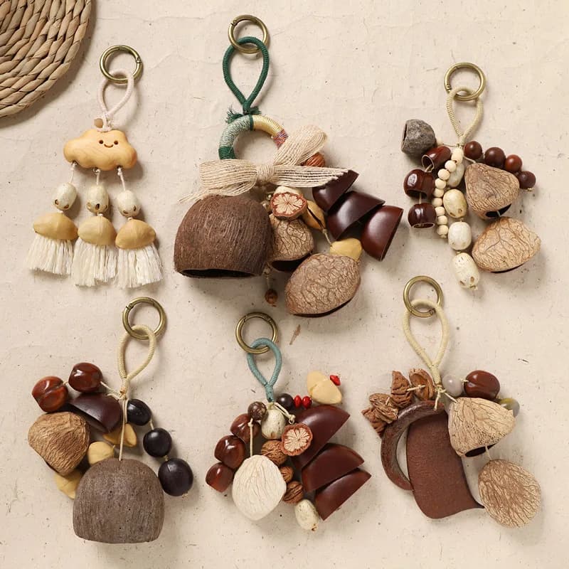 Sound Heal Natural Fruit Shell Keychain Handmade Bohemian Style Hand-Cranked Wind Chime Gift DIY Fruit Shell Wind Chime Ornament
