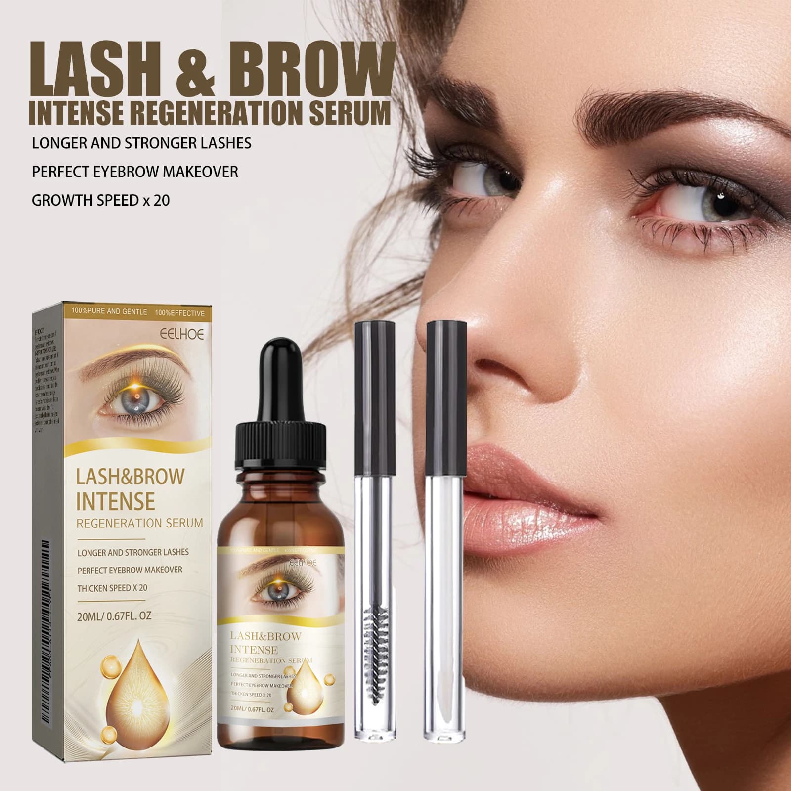 Serum for delicate nourishing eyelashes Extending curling mascara, eyelashes and voluminous natural black eyebrows, proof of smears, 20ml