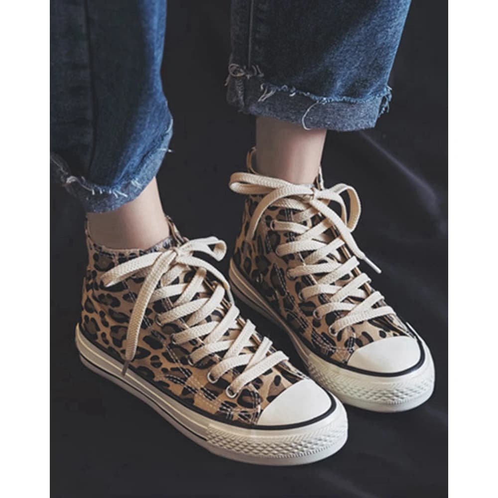 Nuove scarpe da donna in tela stringate traforate incrociate alte con stampa leopardata - Scarpe da ginnastica casual in stile coreano
