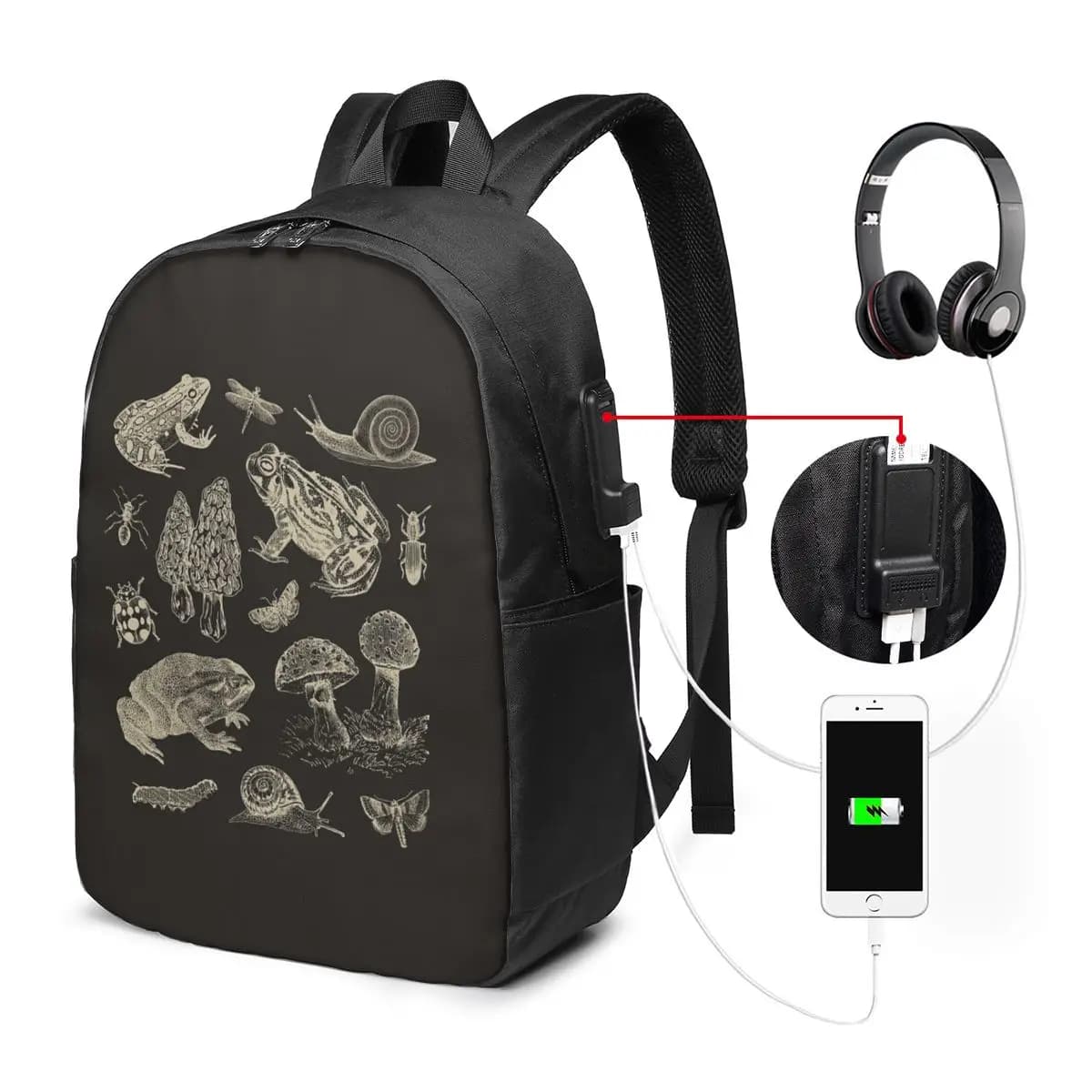Zaino con stampa di rana, fungo, lumaca e insetti, borsa da viaggio per notebook, borsa per computer, borsa da scuola per studenti universitari, borse a tracolla per laptop